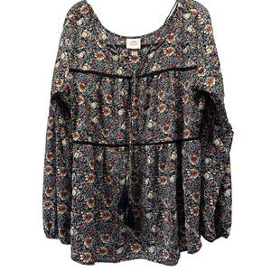 Knox Rose Women's Top Size XXL Plus Bohemian Tasseled Dark Long Smocked Sleeves